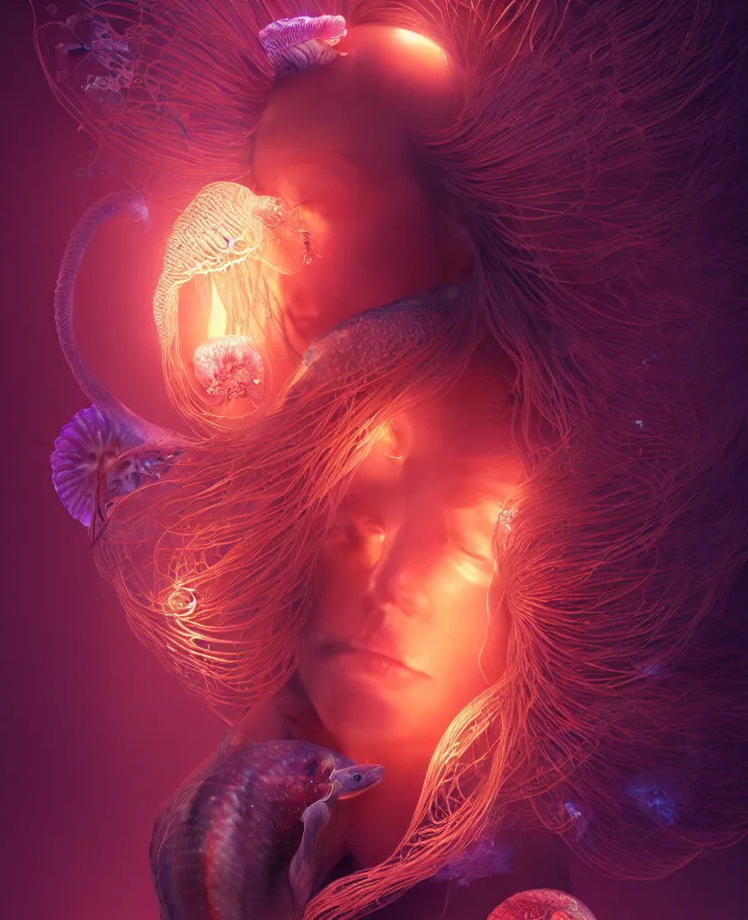 Image similar to goddess close-up portrait. orchid jellyfish phoenix head, nautilus, skull, betta fish, bioluminiscent creatures, intricate artwork by Tooth Wu and wlop and beeple. octane render, trending on artstation, greg rutkowski very coherent symmetrical artwork. cinematic, hyper realism, high detail, octane render, 8k