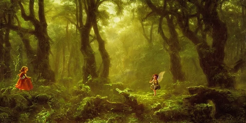 Image similar to close up of young link with fairy!!!! entering an old!!! forest temple!!! full of green trees and plants, under a gray foggy sky, oil painting by albert bierstadt