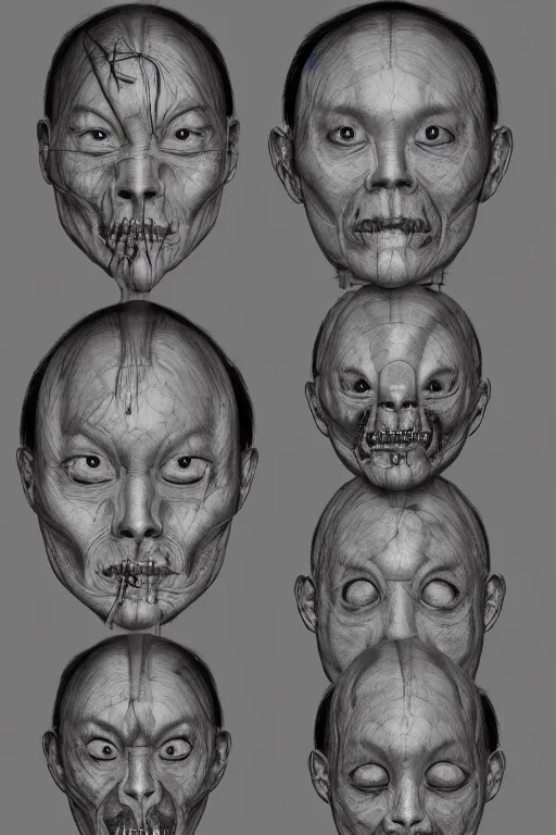 Image similar to asian facial anatomy with gunmetal grey skin, medical anatomy, very symmetrical face, highly detailed, three - perspective / three - view reference sheet ( front / back / side ), in the style of dan ouellette, steven jung, amanda lilleston, hr giger, sil from species, dren from splice, mecha, artstation, unreal engine