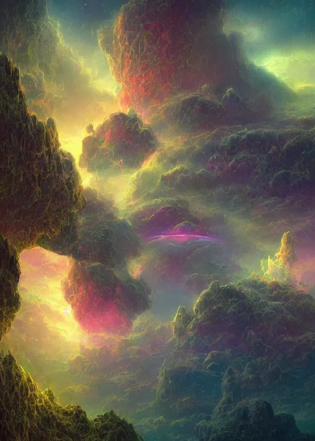 Image similar to an ultra detailed midjourney concept digital art painting of a flying island castle city, towers levitating across space in an iridescent nebula by paul lehr kazumasa uchio situated in a starry expanse of bioluminescent cosmic worlds by beksinski and beeple, ecological art, sharp details, floating citadel with towers, trending on artstation