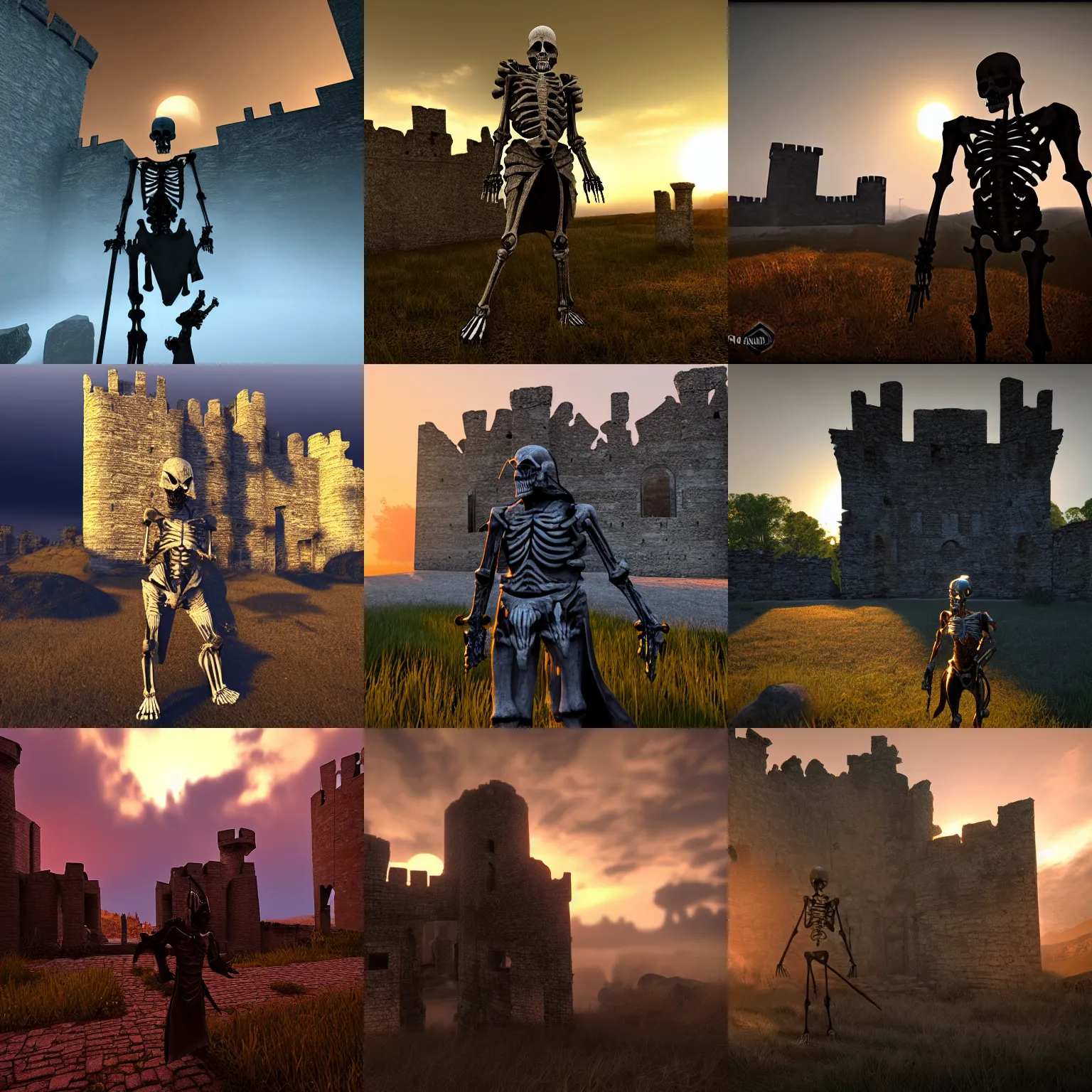 Prompt: skeletal warrior guarding ruins of a castle in sunset, dramatic lighting, unreal engine