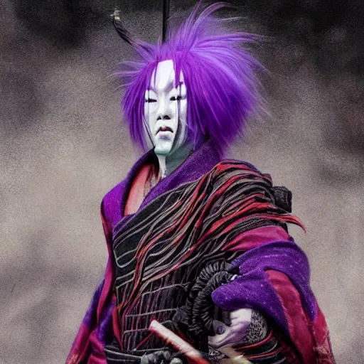 Image similar to an epic portrait of insane kabuki male wielding a spear covered in a distorting aura, intricate purple hakama, poofy red wig, eerie, highly detailed, dark fantasy, shallow depth of field, art by artgerm and greg rutkowski