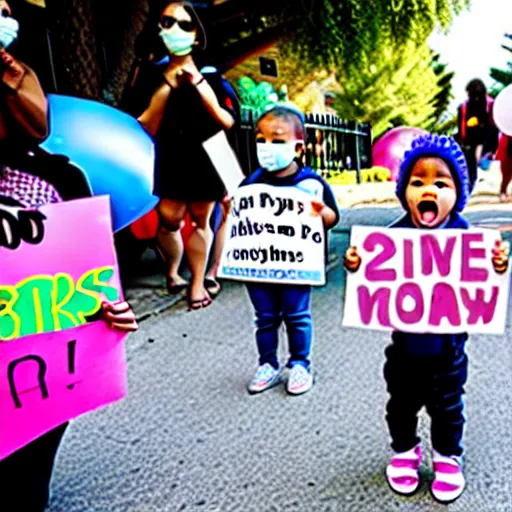 Image similar to babies protesting in front of a daycare center