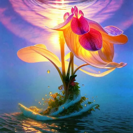 Prompt: detailed giant orchid flower surrounded by ocean wave, lsd water, lsd ripples, transparent droplets, backlit, sunset, refracted lighting, art by collier, albert aublet, krenz cushart, artem demura, alphonse mucha