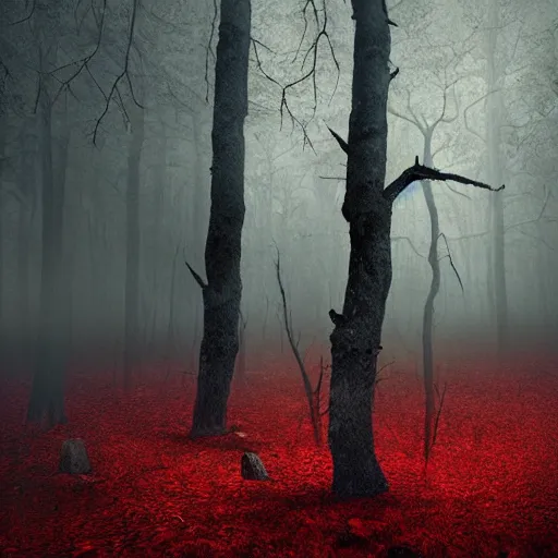 Image similar to Deep dark moody forest, red fog on the ground, Bleak. big stones, Dark mood. Mysterious. Doom. Realistic painting. photobashing, matte painting, highly detailed