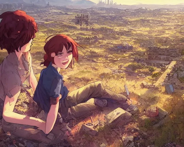 Image similar to a boy and a girl sitting on a hill overlooking the apocalyptic ruins of a city, rubble, ruins, post-apocalyptic, gloomy, end of the world, dust. Girl has long, flowing auburn hair. By Makoto Shinkai, Stanley Artgerm Lau, WLOP, Rossdraws, James Jean, Andrei Riabovitchev, Marc Simonetti, krenz cushart, Sakimichan, D&D trending on ArtStation, digital art.