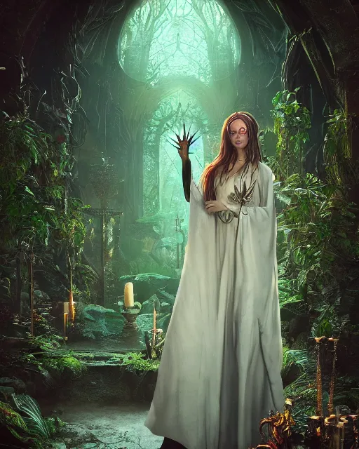 Prompt: Beautiful art portrait of Melissa Rquch as a fantasy gothic priestess in a bright temple surrounded by lush forest, atmospheric lighting, intricate detail, cgsociety, hyperrealistic, octane render, RPG portrait, ambient light, dynamic lighting