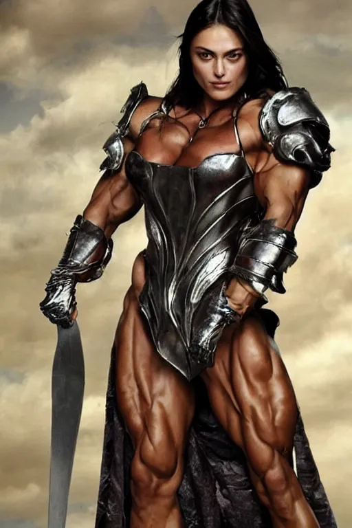 Prompt: fantasy character photo. imposingly tall, broadshouldered, muscular woman. pretty, phoebe tonkin. halfelf. short black hair. thick hypertrophied ripped sinewy swole steroid muscular arms and broad shoulders are bare. fully dressed, rest of body entirely covered by polished silver cobalt armor. built like female bodybuilder. fully dressed. female.