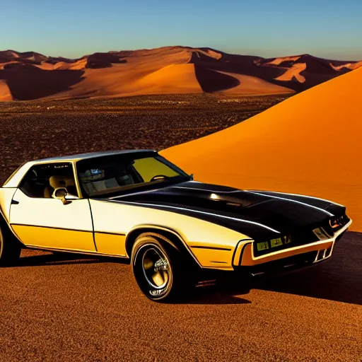 Image similar to kitt the incredible car black transam cruising the desert at magic hour, 8K