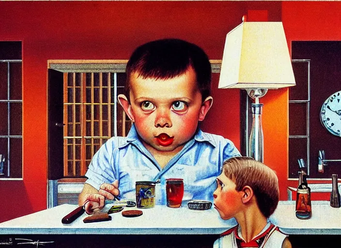 Prompt: rockwell somebody's watching me, 1 9 8 2, fruin tom in the style of ferez andrew