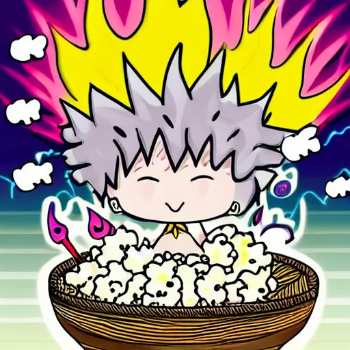 Image similar to kawaii wacky fluffy popcorn with lightning bolt power, yokai, in the style of a manga character, with a smiling face and flames for hair, sitting on a lotus flower, white background, simple, clean composition, symmetrical