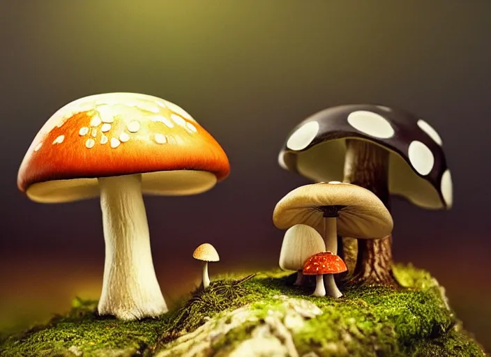 Prompt: a cute creature sitting next to a mushroom, realistic, very detailed, complex, intricate, studio lighting, superres sharpening, bokeh, sigma 5 0 mm f 1. 4, 1 9 2 0 period drama by bussiere rutkowski andreas rocha