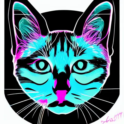 Image similar to a simplified vector based illustration about a cyberpunk kitten, centred face portrait, space colors, smooth and clean vector curves, no jagged lines