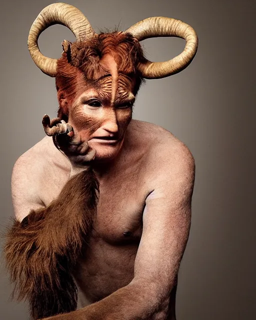 Image similar to actor Conan O’Brien in Elaborate Pan Satyr Goat Man Makeup and prosthetics designed by Rick Baker, Hyperreal, photos in the style of Annie Leibovitz