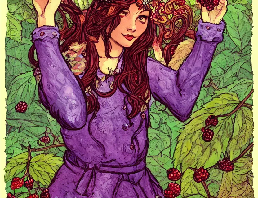 Image similar to berry priestess of the waffle mountains. gouache by award - winning comic book artist, chiaroscuro, intricate details, bokeh, backlighting, field of depth, safe for work