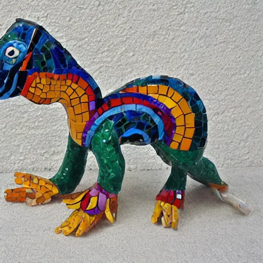 Prompt: mosaic sculpture of a alebrije chimera!!!, irregularly shaped mosaic tiles, hand glazed pottery shards, in the style of folk art, blank background