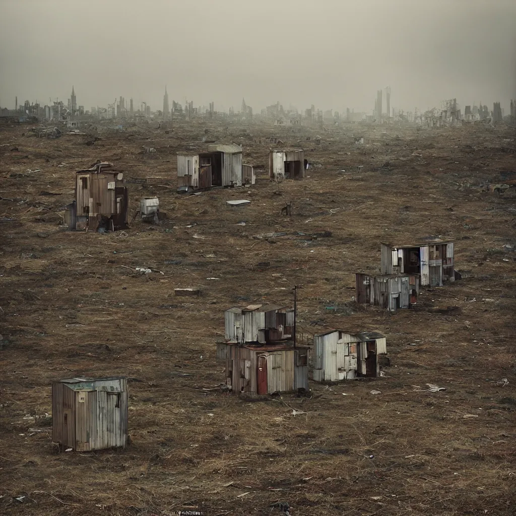 Image similar to two towers, made up of makeshift squatter shacks with faded colours, moody sky at the back, uneven fog, dystopia, mamiya, f 1 1, fully frontal view, ultra sharp, very detailed, photographed by julie blackmon