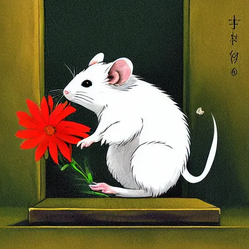 Image similar to white rat holding a flower cinematic composition, studio ghibli, digital art, cute