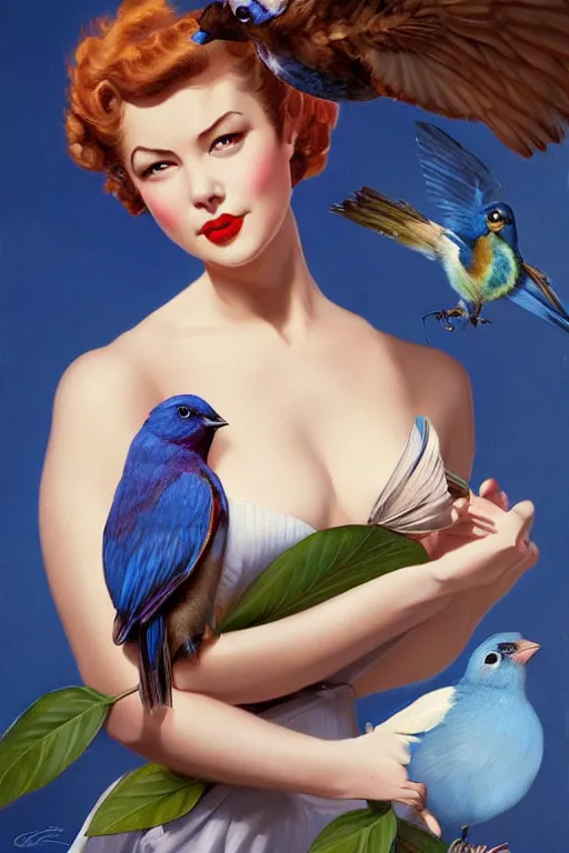 Image similar to hyper realistic painting, pinup girl holding an indigo bunting, bird, the bird is wearing a bowtie, by greg rutkowski, rossdraws, gil elvgren, enoch bolles, anime, artgerm, porcelain skin, glistening, very coherent,