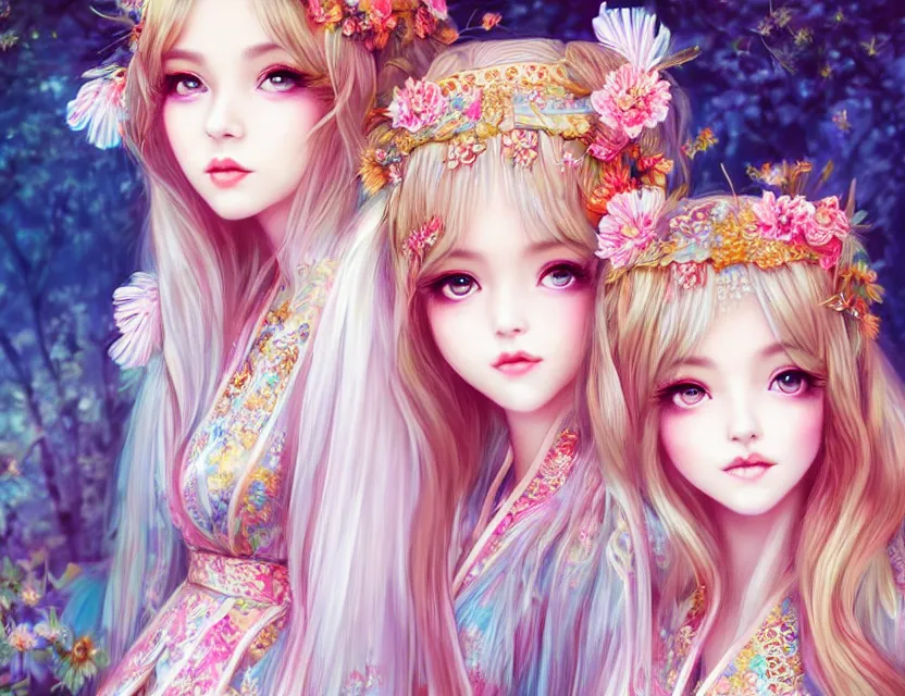 Image similar to two beautiful fashion siberian girls wear fantasy kimono in festival | | big eyes, sunny, dreamlike art, realistic shaded, smile, good looking, hyper details, 4 k realistic, cryengine, realistic shaded lighting poster by artgerm, ross tran, fuji choko, loish, 8 k resolution, trending on artstation, luxury