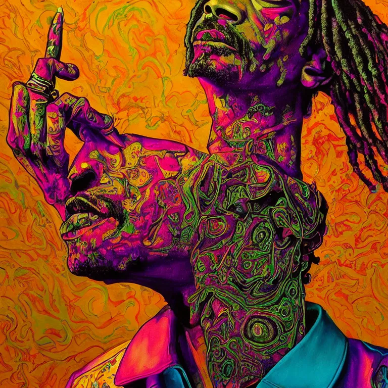 Image similar to An extremely psychedelic experience, colorful, surreal, dramatic lighting, snoop dogg, smoking, LSD, face, detailed, intricate, elegant, highly detailed, digital painting, artstation, concept art, smooth, sharp focus, hyper detailed golden ratio illustration, rich deep colors. masterpiec, Beksinski paintin, art by Sam Spratt, San Mumford, Artem Demura and Alphonse Mucha