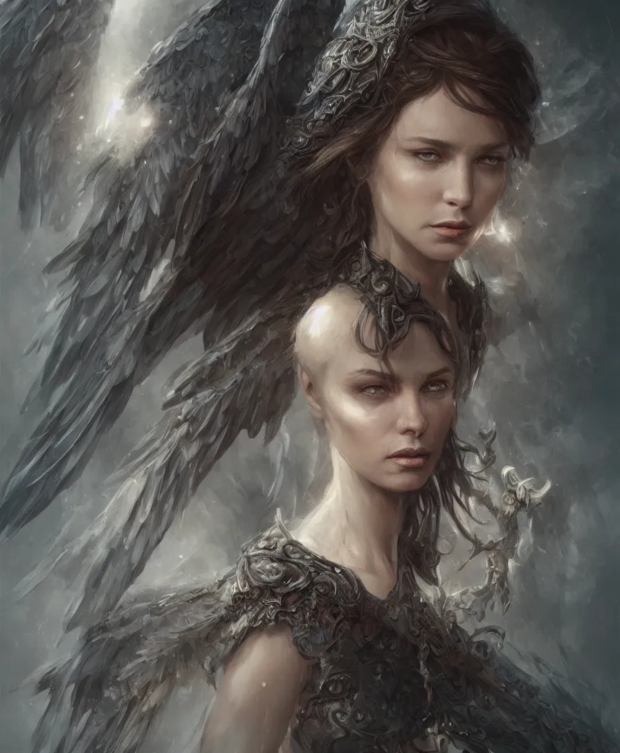 Prompt: Hyperrealistic portrait of The angel of death young woman, D&D, fantasy, intricate, elegant, highly detailed, digital painting, trending artstation, concept art, smooth, sharp focus, illustration, art by greg rutkowski