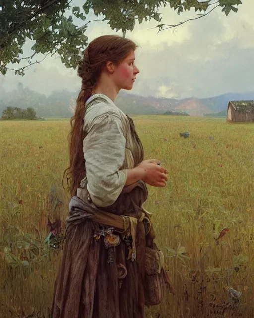 Prompt: side portrait Appalachian farm girl with detailed features, weathered barn in the backdrop, chickens on the ground, Appalachian trees, sharp focus, illustration, highly detailed, oil painting, matte, art by Greg Rutkowski and Alphonse Mucha, masterpiece