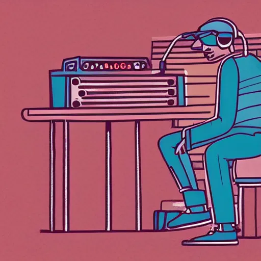 Prompt: an illustration that looks very similar to lo - fi hip hop guy in recording studio