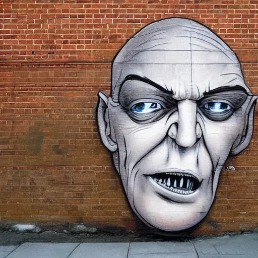 Prompt: A beautiful street art of of a giant head. The head is bald and has a big nose. The eyes are wide open and have a crazy look. The mouth is open and has sharp teeth. The neck is long and thin. intricate by Frank Quitely, by Vito Acconci evocative