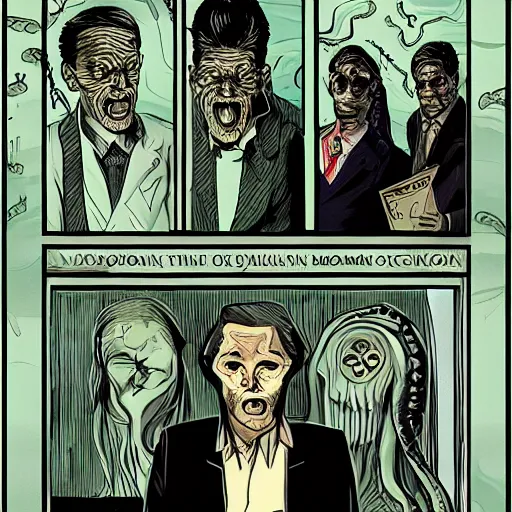 Image similar to Cthulhu as a modern day business man with a family and a drug and gambling addiction, necronomicon is the family Bible , Junji Ito and Greg rutkowski, psychedelic , 50s style infomercial , award winning , retro futuristic