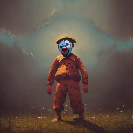 Prompt: a helpless clown in a painting from stalenhag, 4 k, 8 k, hdr, artstation, concept art „