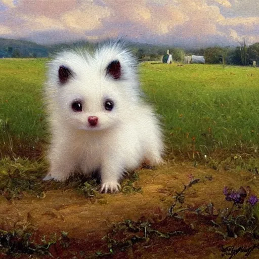 Prompt: oil painting, littlest pet shop fuzzy cute skunk in field, close up, noel coypel, emile eisman - semenowsky, edouard bisson