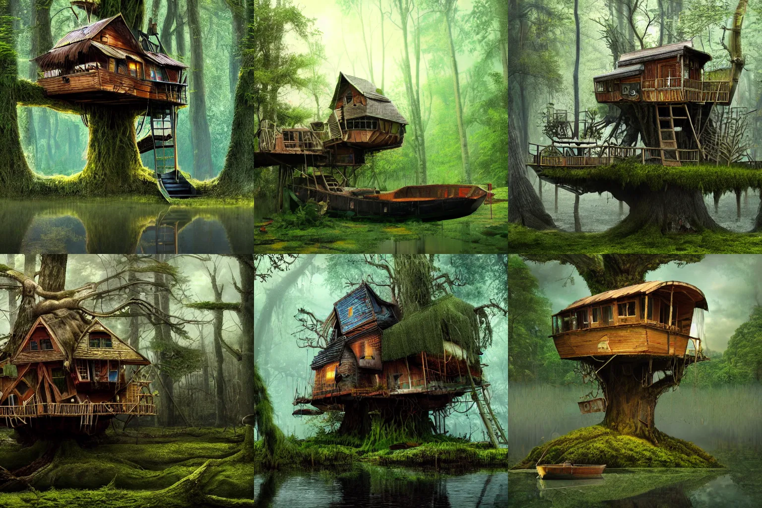Prompt: a treehouse growing out of an old boat in the middle of a swamp, mossy, 4k, surreal, artstation