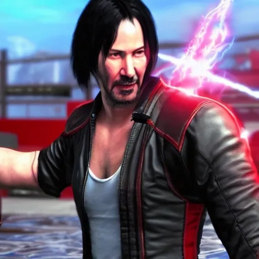 Image similar to Keanu Reeves as a character in Tekken, gameplay screenshot, photorealistic
