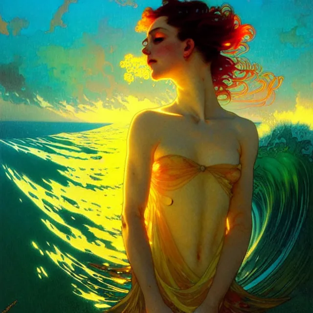 Image similar to mind bending ocean waves of glossy psychedelic liquid honey drops flowing like kaleidoscopic translucent amber, lsd waves, lsd ripples, crystal clear, backlit, sunset, refracted lighting, art by collier, albert aublet, krenz cushart, artem demura, alphonse mucha