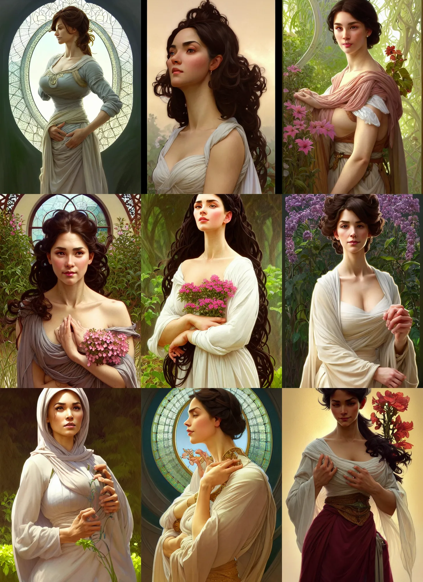 Prompt: character concept portrait of me as modest wife blessed by god to grow ever - more intelligent beautiful voluminous muscular tall and healthy. modestly clothed, in garden, intricate, elegant, highly detailed, digital painting, artstation, concept art, symmetry, smooth, sharp focus, illustration, art by artgerm and greg rutkowski and alphonse mucha