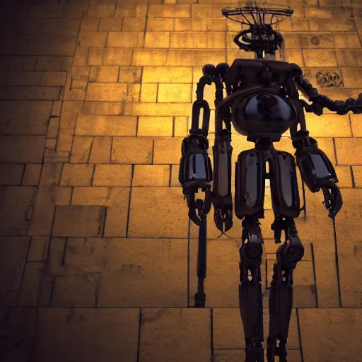 Prompt: 8k octane render cinematic shot of a tormented steampunk robot crucified at dusk in ancient jerusalem