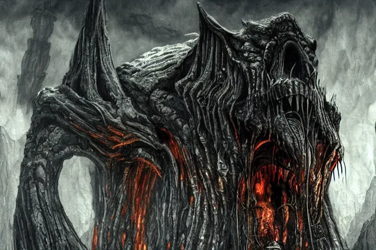 Image similar to a balrog lurking in moria, style of h. r. giger, many columns, mines of moria from the lord of the rings in the style of h. r. giger, directed by ridley scott, dark, cinematic, highly detailed, very realistic, photorealistic, filmed, cinemascope