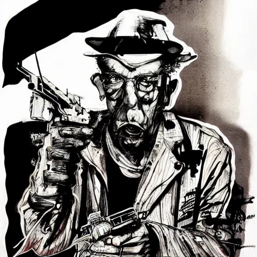 Prompt: Graphic Illustration, Creative Design, Guns, Cyberpunk, Portrait, graffiti, by Ralph Steadman, Francis Bacon, Hunter S Thompson