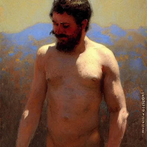 Prompt: a man with a potbellied body type, painting by Gaston Bussiere, Craig Mullins