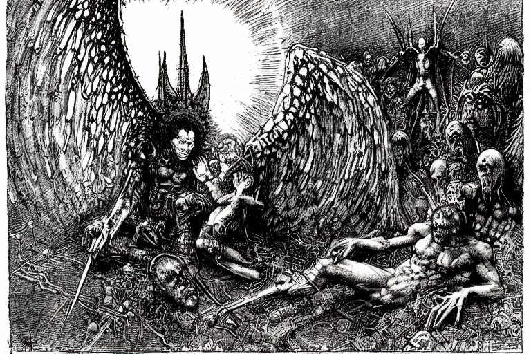 Image similar to fallen angel begs to enter the gates of hell by philippe druillet and gustave dore and les edwards and moebius and hieronymus bosch