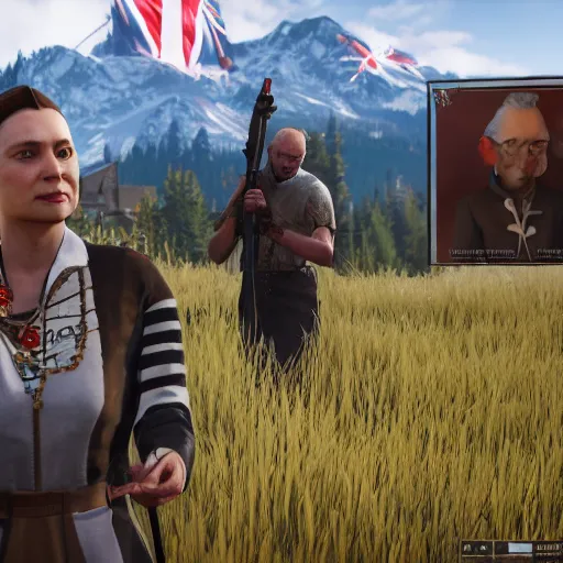 Prompt: queen elizabeth as an npc in far cry 5, ingame screenshot, 1080p