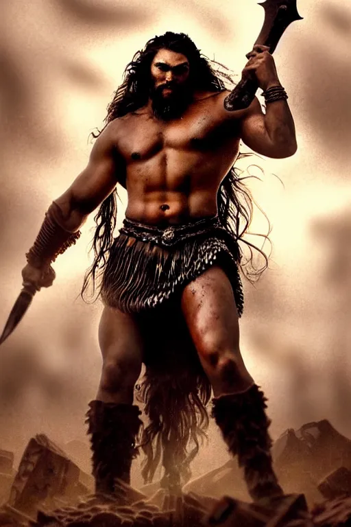 Image similar to beautiful portrait oil painting, jason momoa conan the barbarian thor standing on huge pile of skulls in dystopian battlefield of zombies, wearing royal crimson fantasy ornate spartan dragon scale armor, wet skin and hair, muscular!!!, battle action pose, frank frazetta, boris vallejo, greg rutkowski, beautiful cinematic light, low angle, frank miller, ridley scott, high contrast