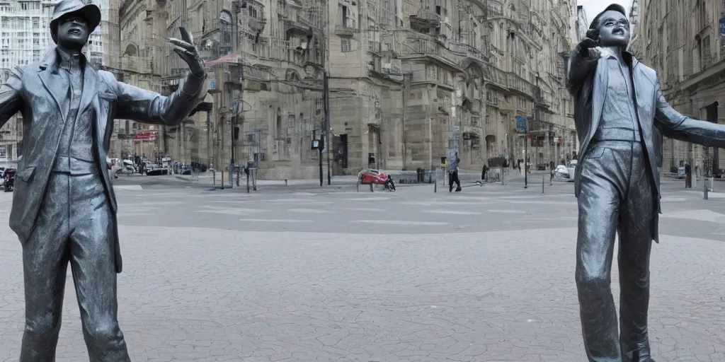 Prompt: massive 3 d stone statue of michael jackson wearing hat billie jean pose in a city full wide big shot, full body, massive motion blur, real life, spotted, leaked, ultra realistic, accurate, 4 k, movie still, uhd, sharp, detailed, cinematic, render, modern