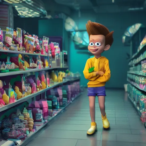 Prompt: Ultra hyperreal, 3D Octane render, Jimmy Neutron at a Candy store