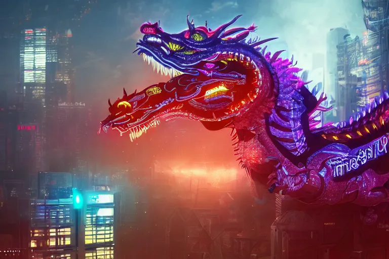 Prompt: cinematic wide angle shot of a neon cybernectic chinese dragon, detailed textures, midnight city lights, strong bokeh, dramatic lighting, unreal engine, cgsociety, artstation, 4k