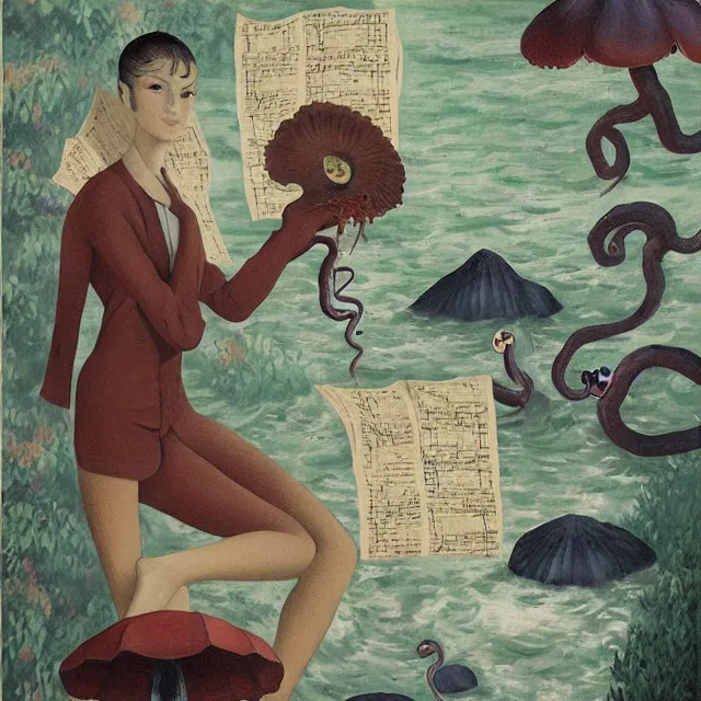 Image similar to tall female catgirl artist holding sheet music in her flooded apartment, pomegranates, octopus, water gushing from ceiling, painting of flood waters inside an artist's apartment, a river flooding indoors, mushrooms, ikebana, zen, rapids, waterfall, black swans, canoe, berries, acrylic on canvas, surrealist, by magritte and monet