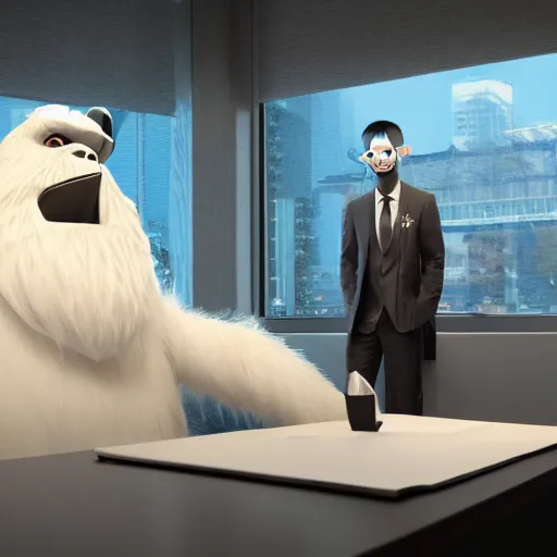 Image similar to a yeti dressed in formal suit attending a meeting in Tokyo, digital art, octane render, unreal engine 5, trending on artstation, highly detailed, 8k UHD, artgerm