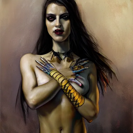 Prompt: snake woman hybrid, long, black scales, bright amber eyes, chest coverd, scales on her chest, formless brests, flat chest, no nipples, smileing nright, cinematographic shot, by daniel f. gerhartz