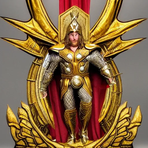 Prompt: Thor in Gold and Red Ornate Armor with Gold Wings, Lightening around the hands and eyes, levitating above the ground, highly detailed, intricate armor, symmetry,